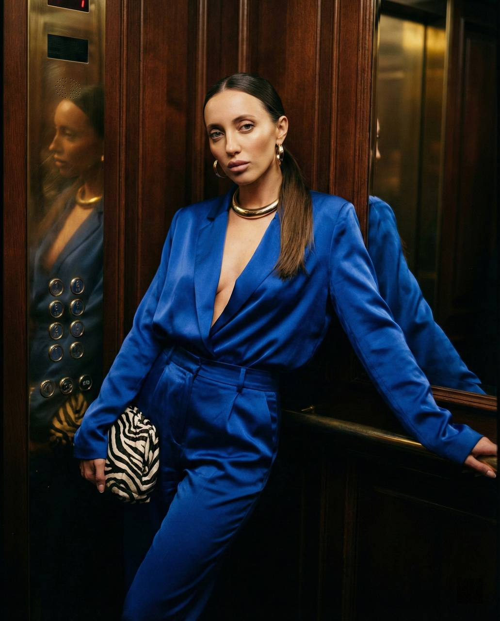 Cobalt Blue Satin Suit Vintage Elevator Editorial