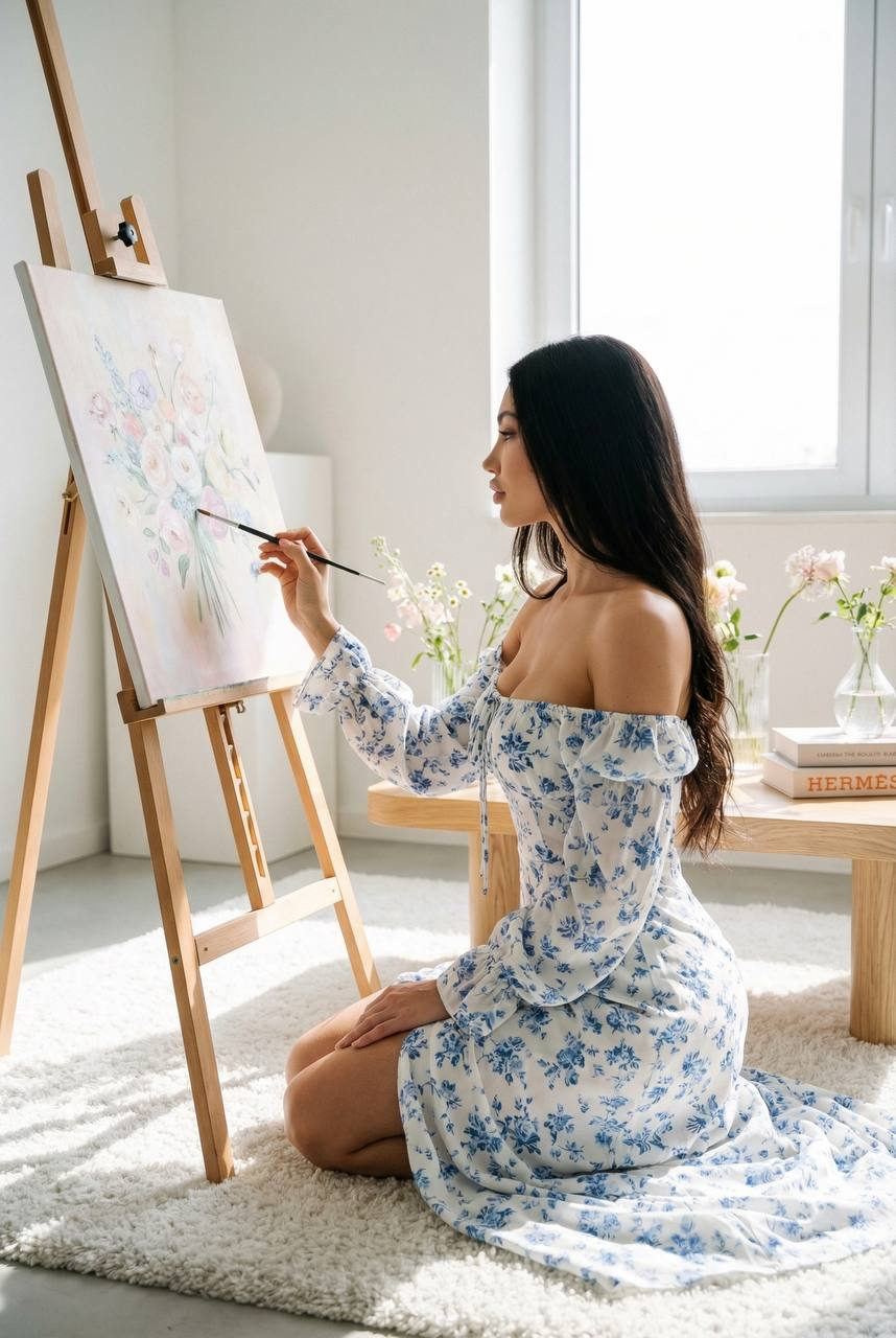 Minimalist Studio Pastel Floral Portrait