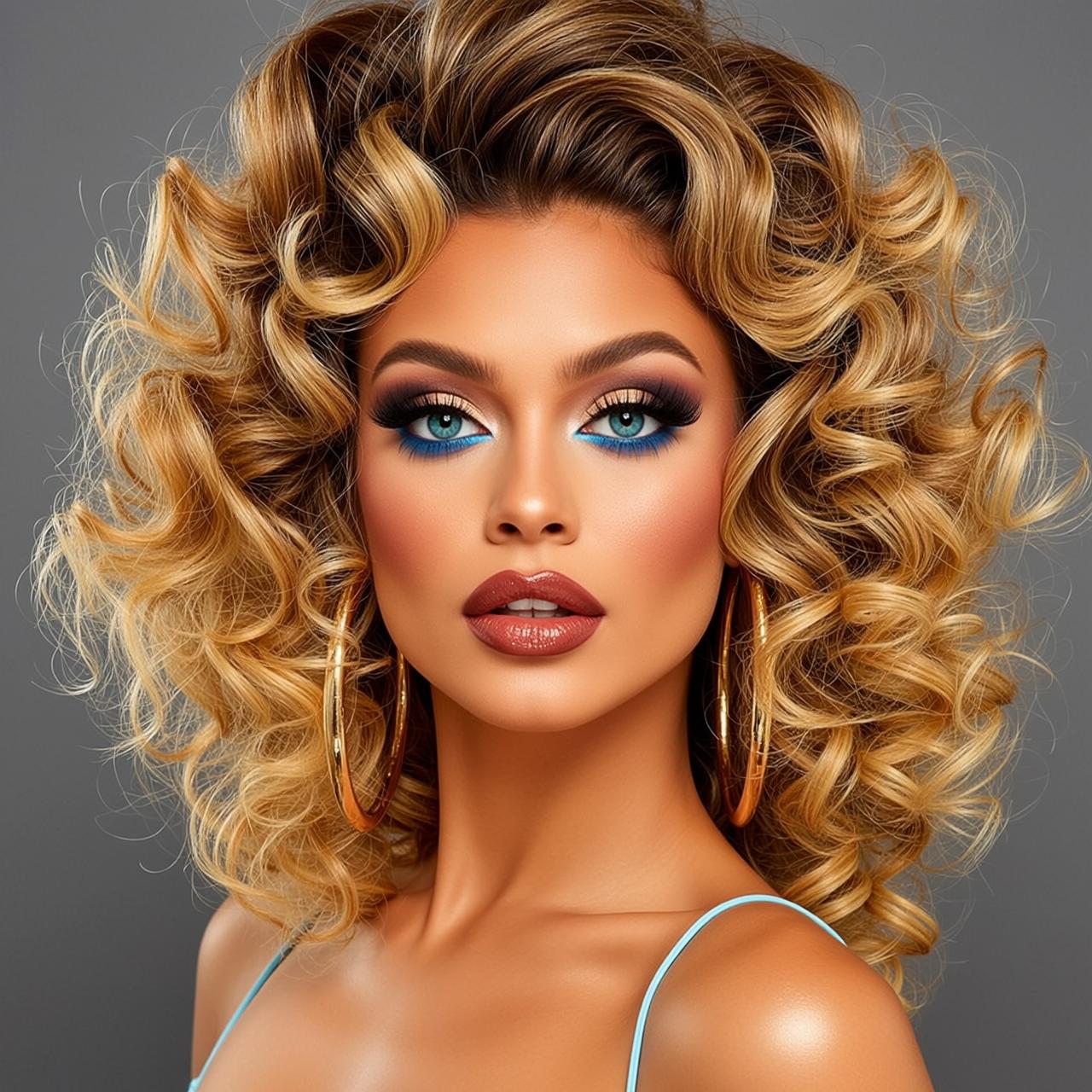 Blonde Curls Studio Portrait Gold Hoops reference photo