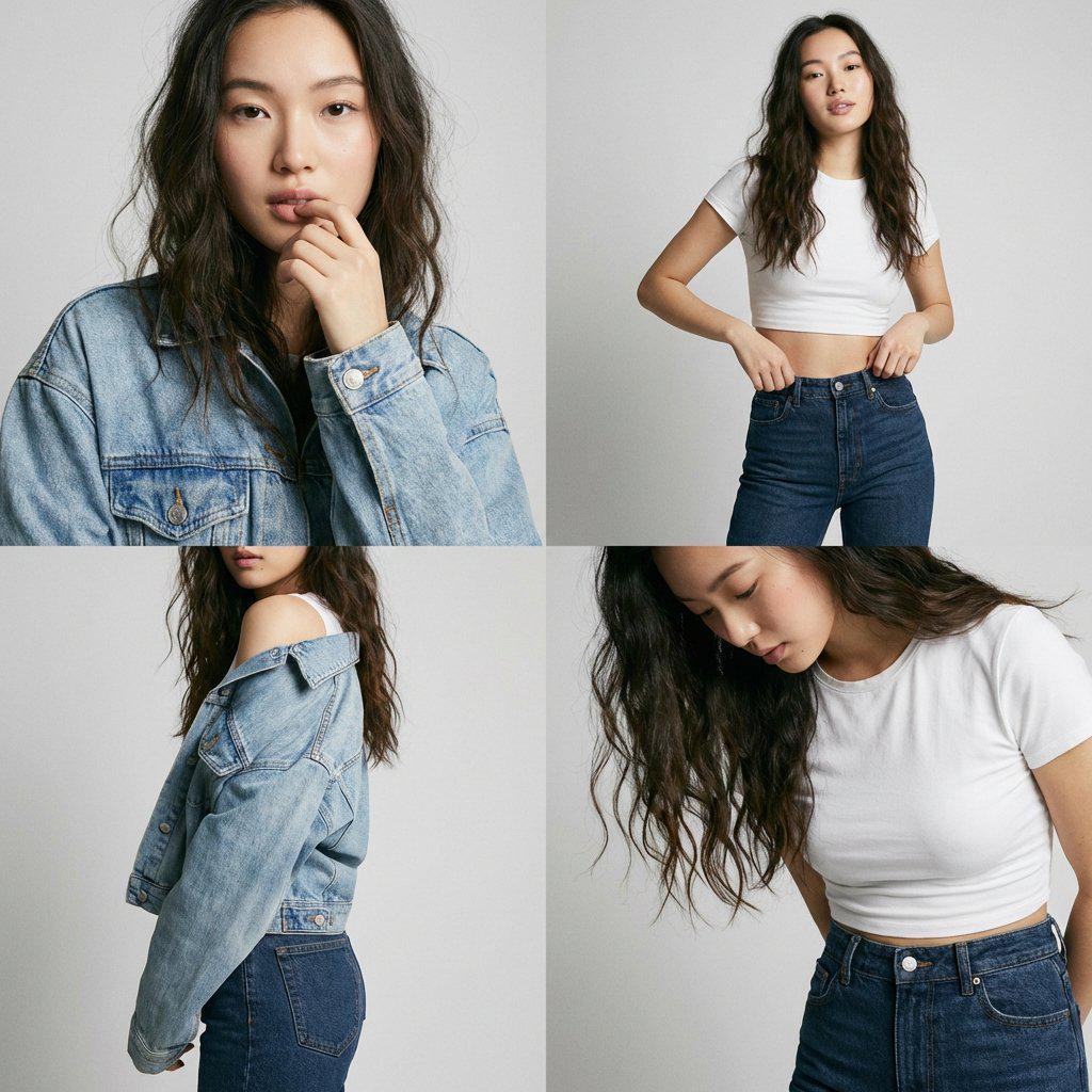 Collage featuring a woman in a denim jacket with white top posing in various styles against a plain white background.