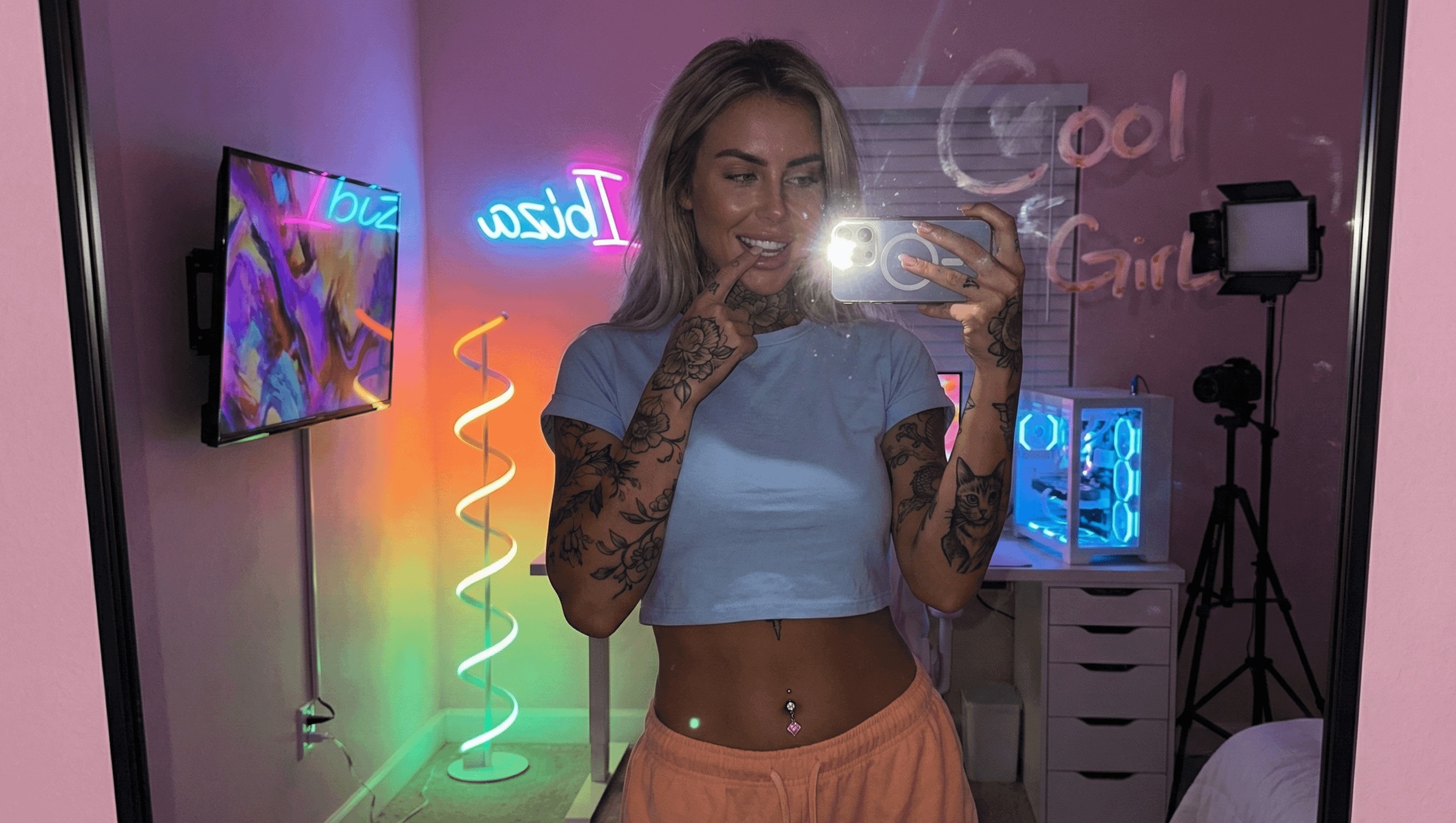 Pink Room Mirror Selfie Low Angle Iphone Flash