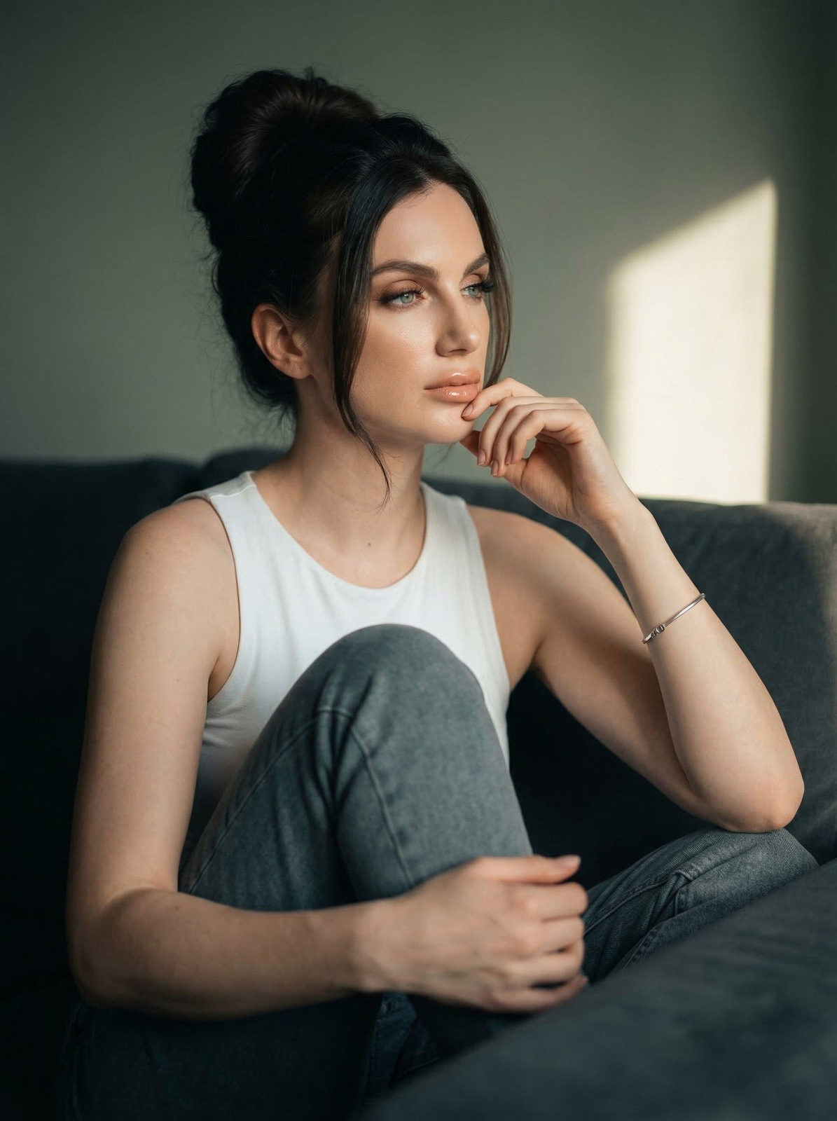 Realistic Woman Sofa Light Portrait