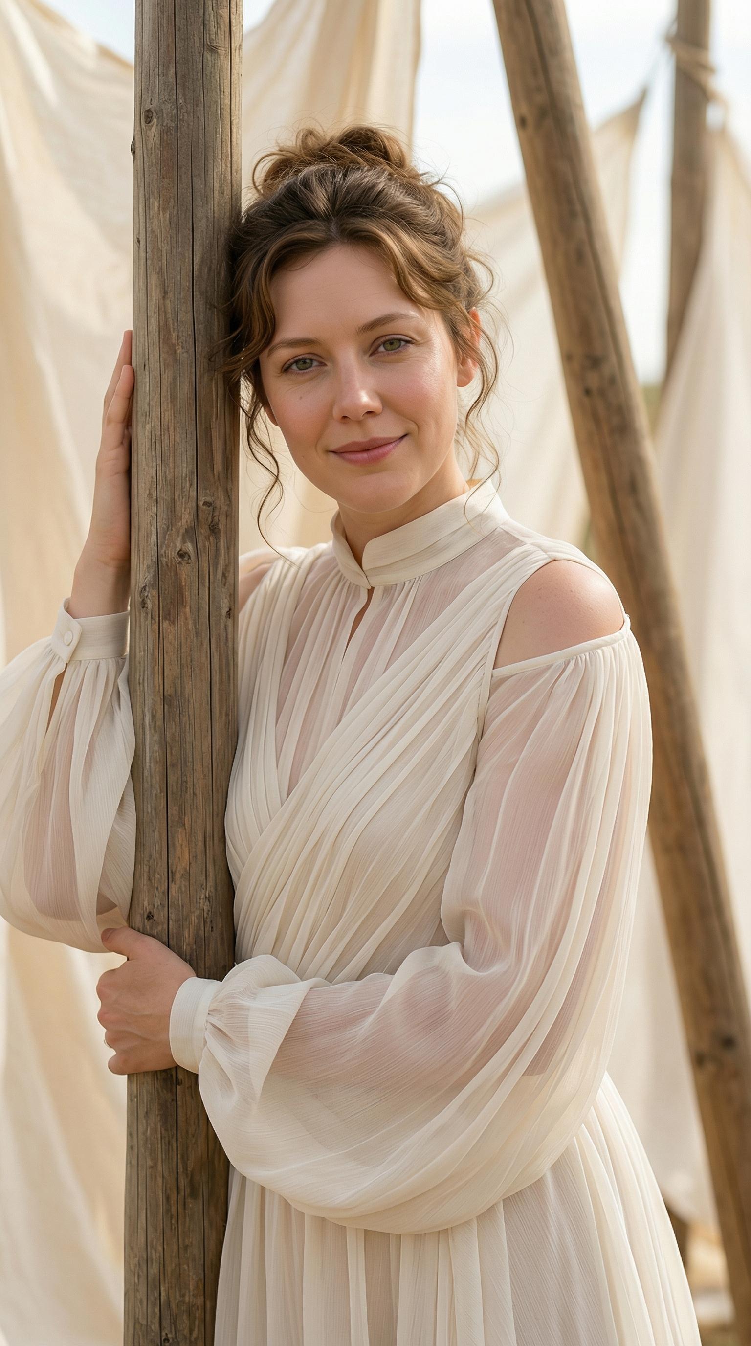 Elegant Woman Ivory Dress Wooden Pole Full Body