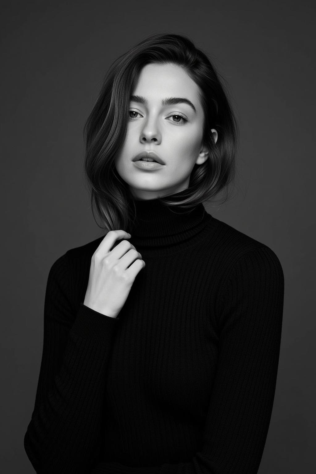 Photorealistic Black And White Portrait Young Woman Facing Forward With reference photo