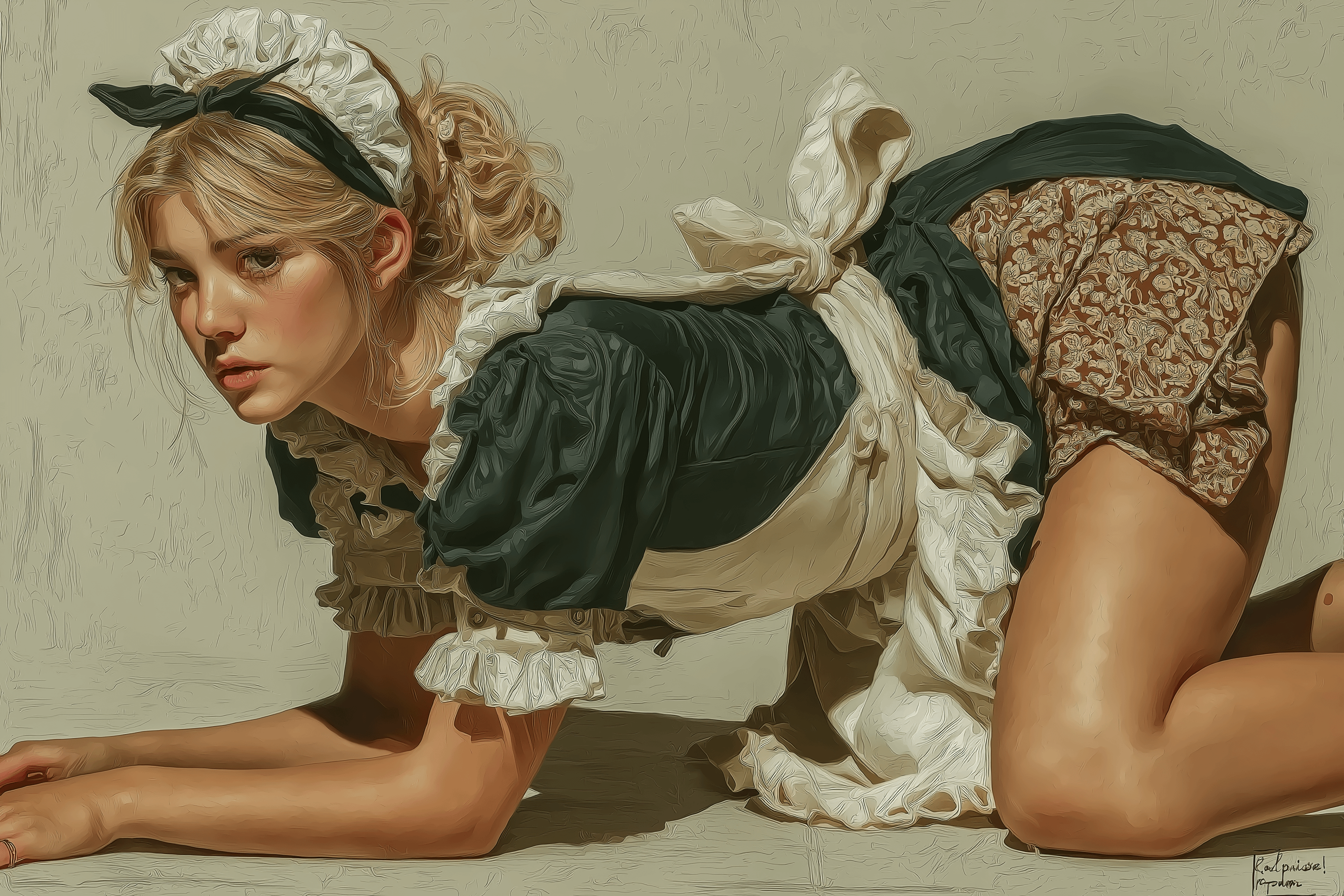 Maid Costume Low Angle Oil Painting