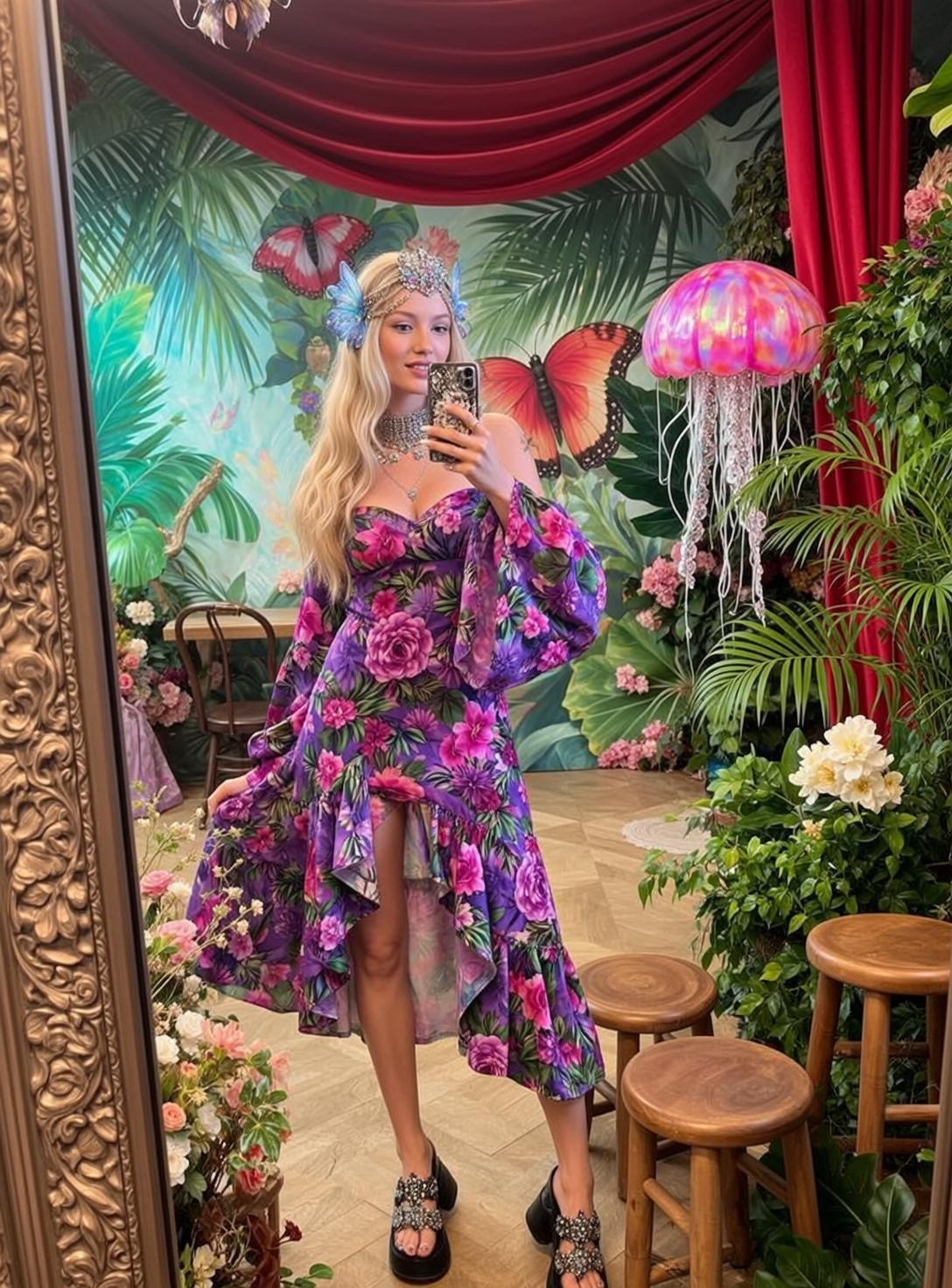 Jungle Room Selfie Purple Floral Dress Silver Choker reference photo