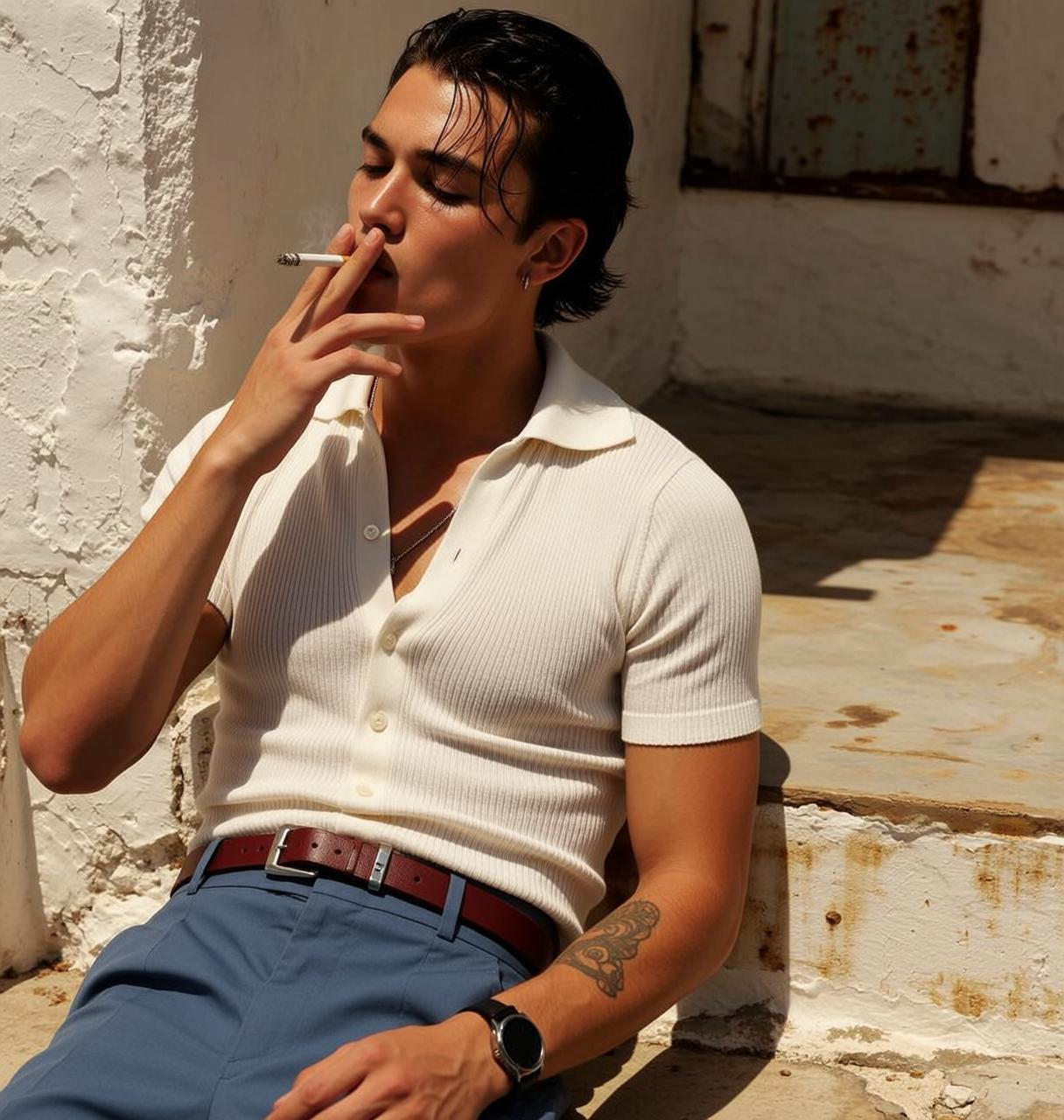 Young Dark Slicked Back Tanned White Ribbed reference photo