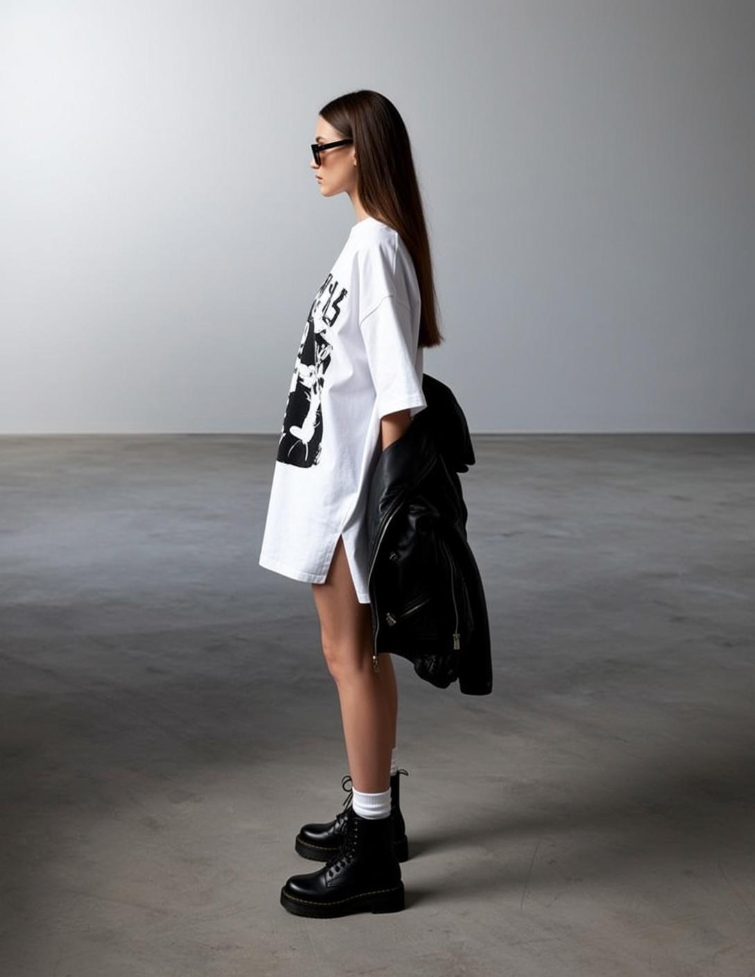 Minimalist Fashion Portrait White T Shirt Dress Leather Jacket reference photo