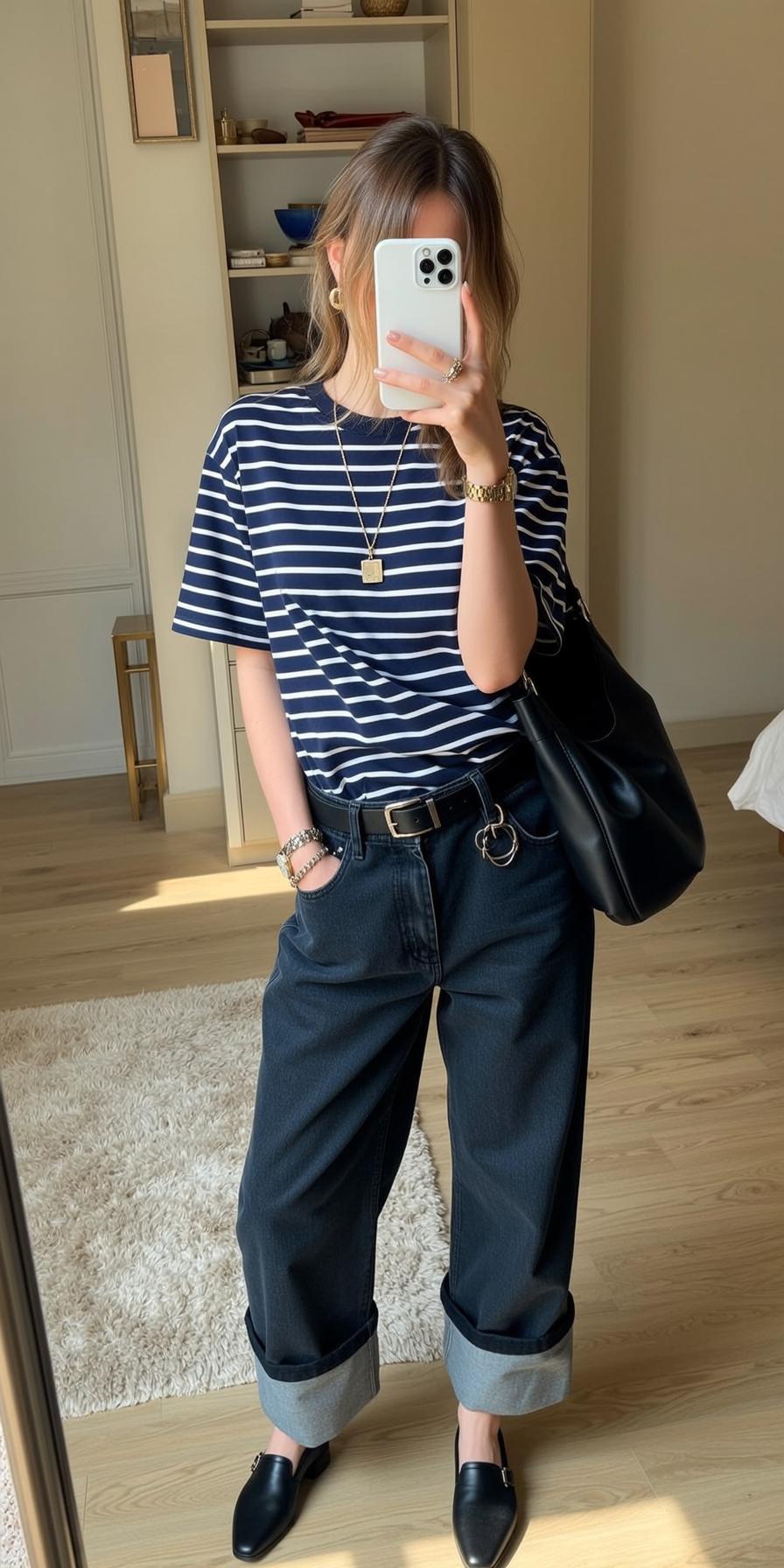 Striped Tee Jeans Mirror Selfie reference photo