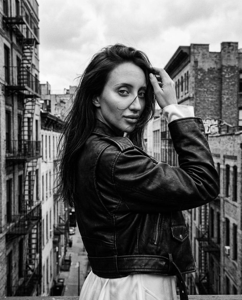 Vintage Film Grain Portrait Young Woman Leather Jacket