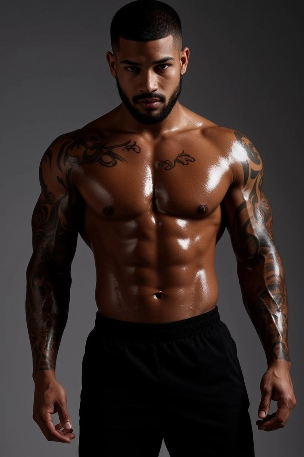 Muscular Short Dark Buzzed Tan Oily Black reference photo
