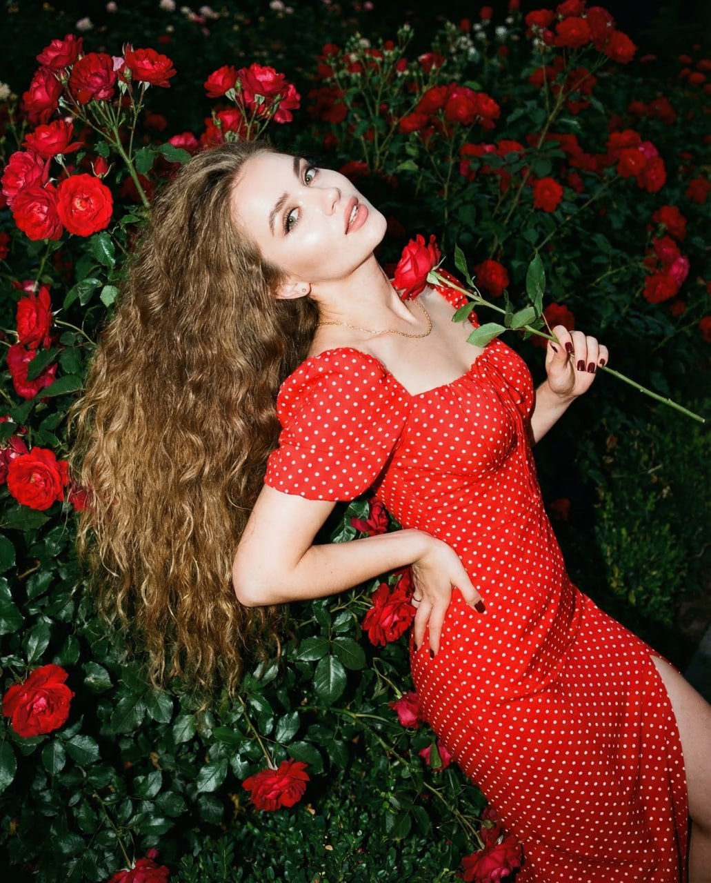 Woman Red Dress Rose Garden Cinematic Portrait