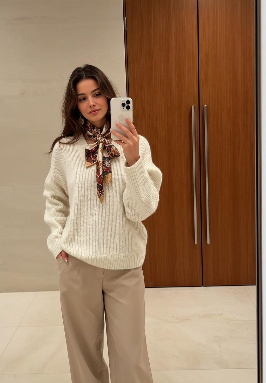 Autumn Stands Facing Mirror Holding Smartphone Her reference photo