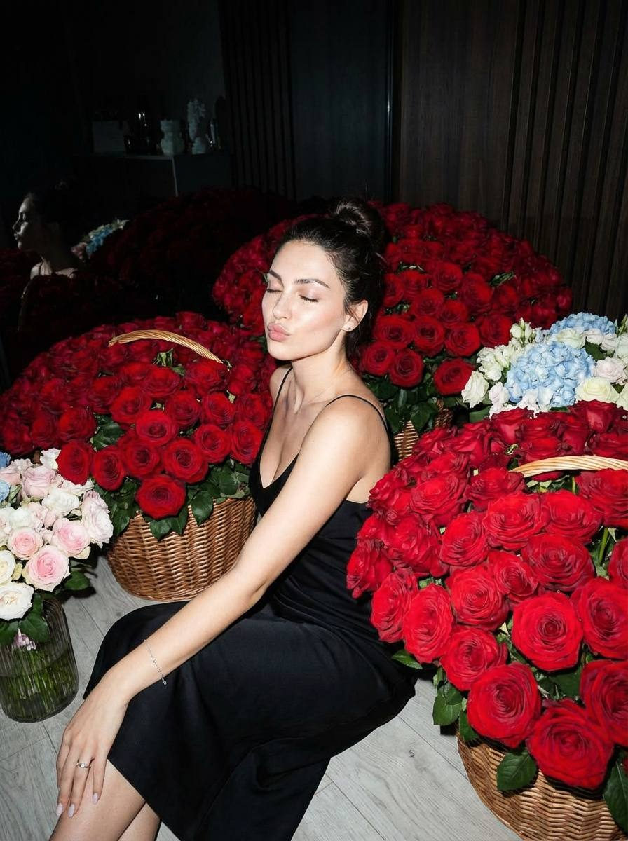 Woman Surrounded By Roses Realistic Y2k