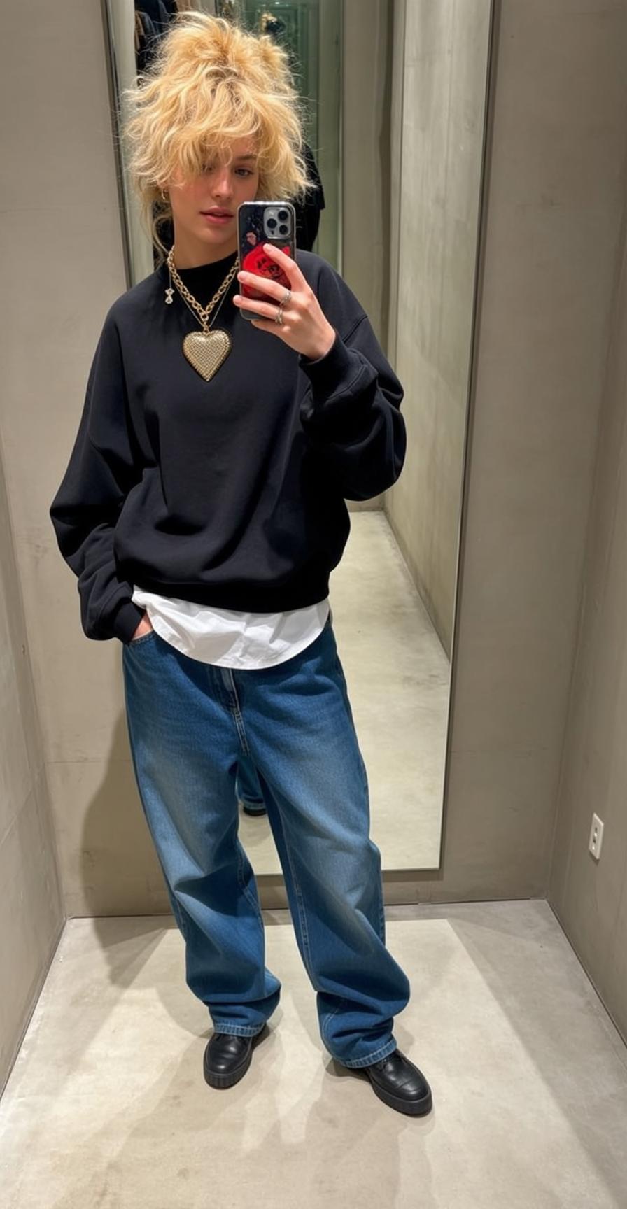 Black Sweatshirt and Jeans in Fitting Room reference photo