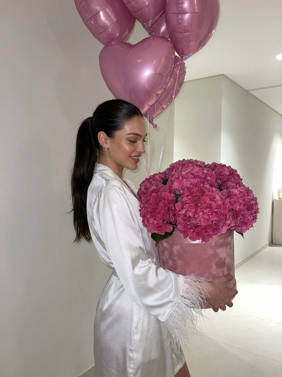 Woman Pink Hydrangeas Velvet Box Balloons