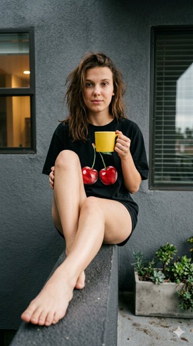 Natalia Dyer Casual Morning Balcony Oversized Shirt Red Cherries