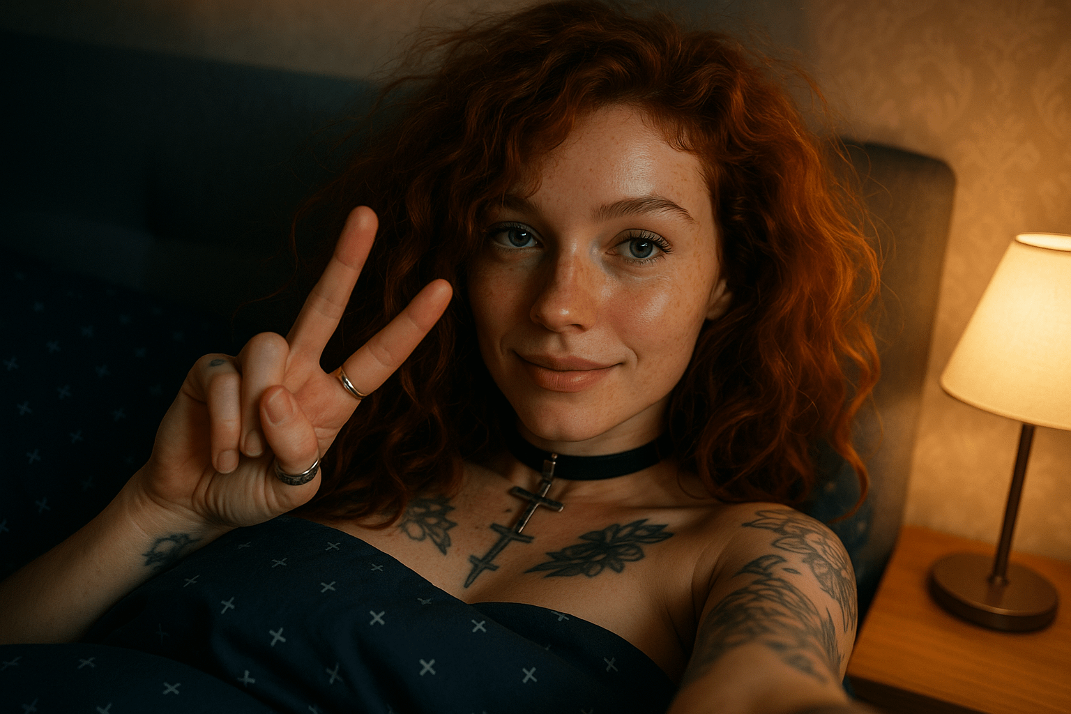 Red Hair Peace Sign In Bed Warm Lamp Glow