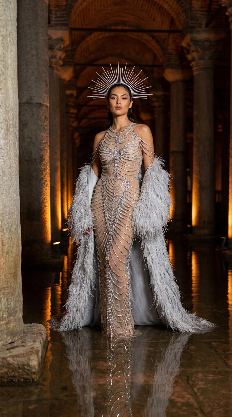 A woman in a sheer nude gown with silver chains stands in reflective water inside an ancient stone cistern, draped in a voluminous grey feather coat.