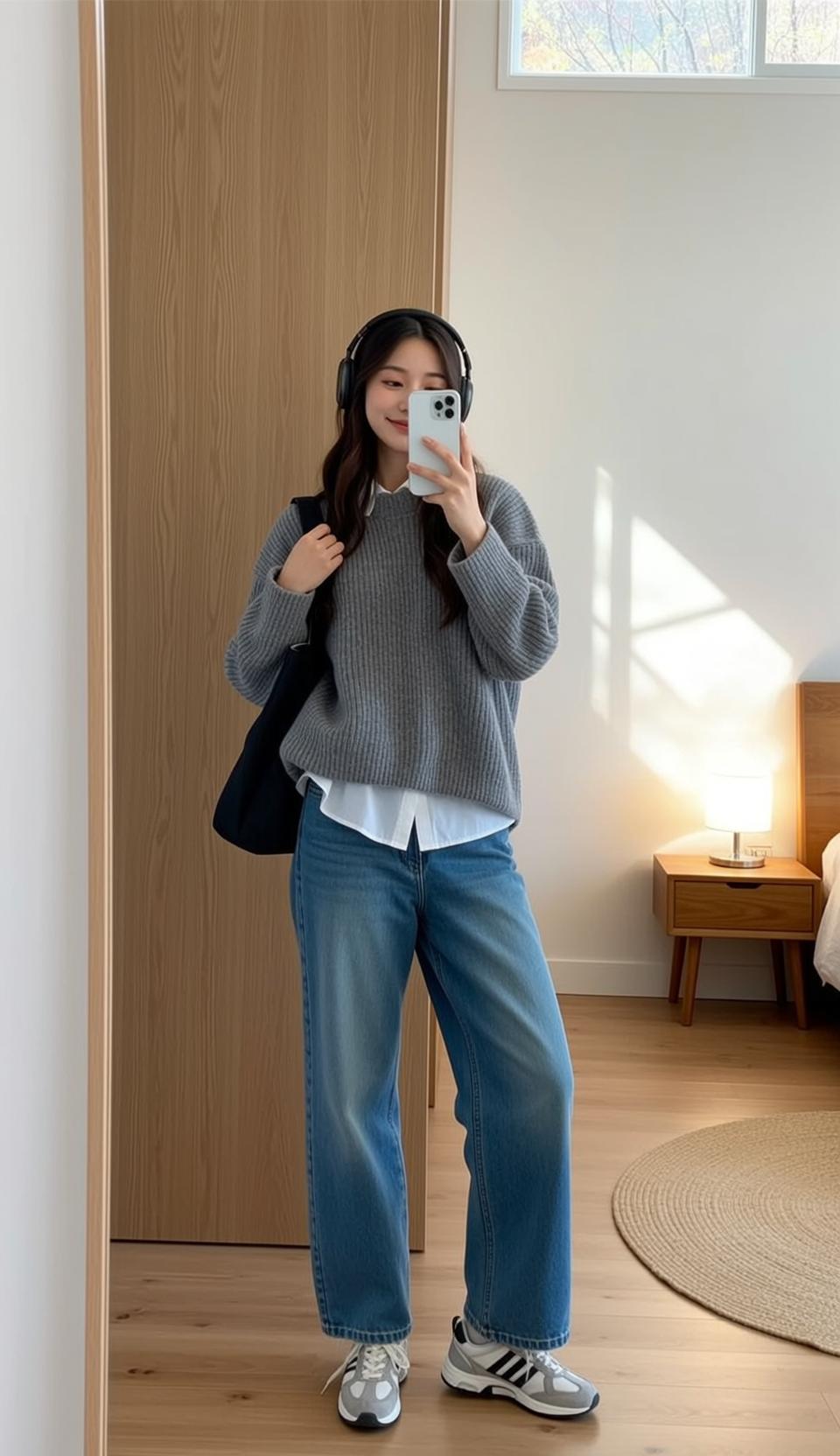 Grey Sweater and Denim Jeans Bedroom reference photo