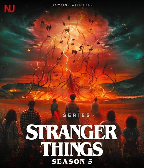 Six people in 80s clothes silhouetted against a fiery apocalyptic sky rift, standing in a dark field.