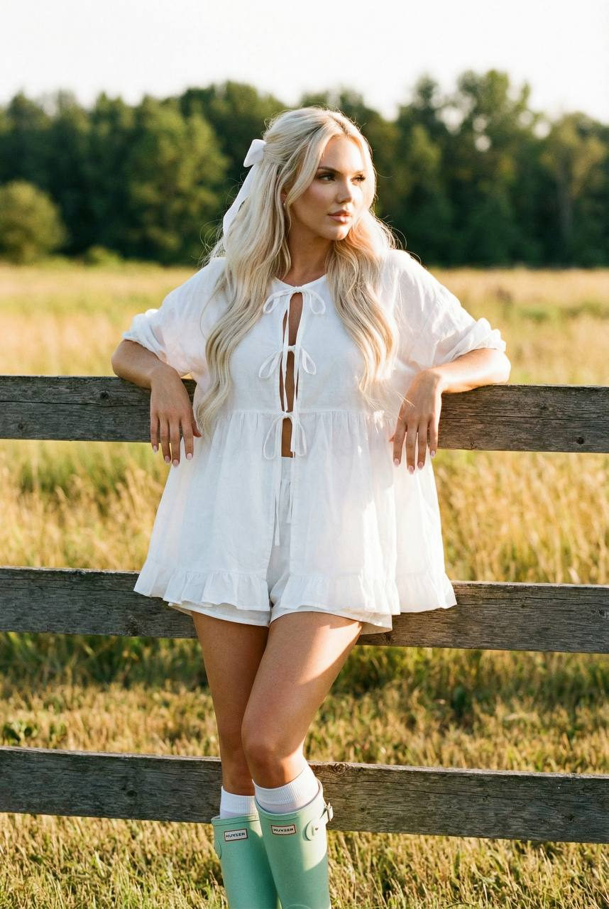Girl White Sweater Mint Boots Field Golden Hour