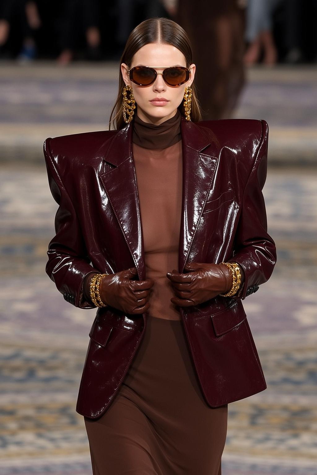 Burgundy Blazer Runway Model Neutral Gaze reference photo