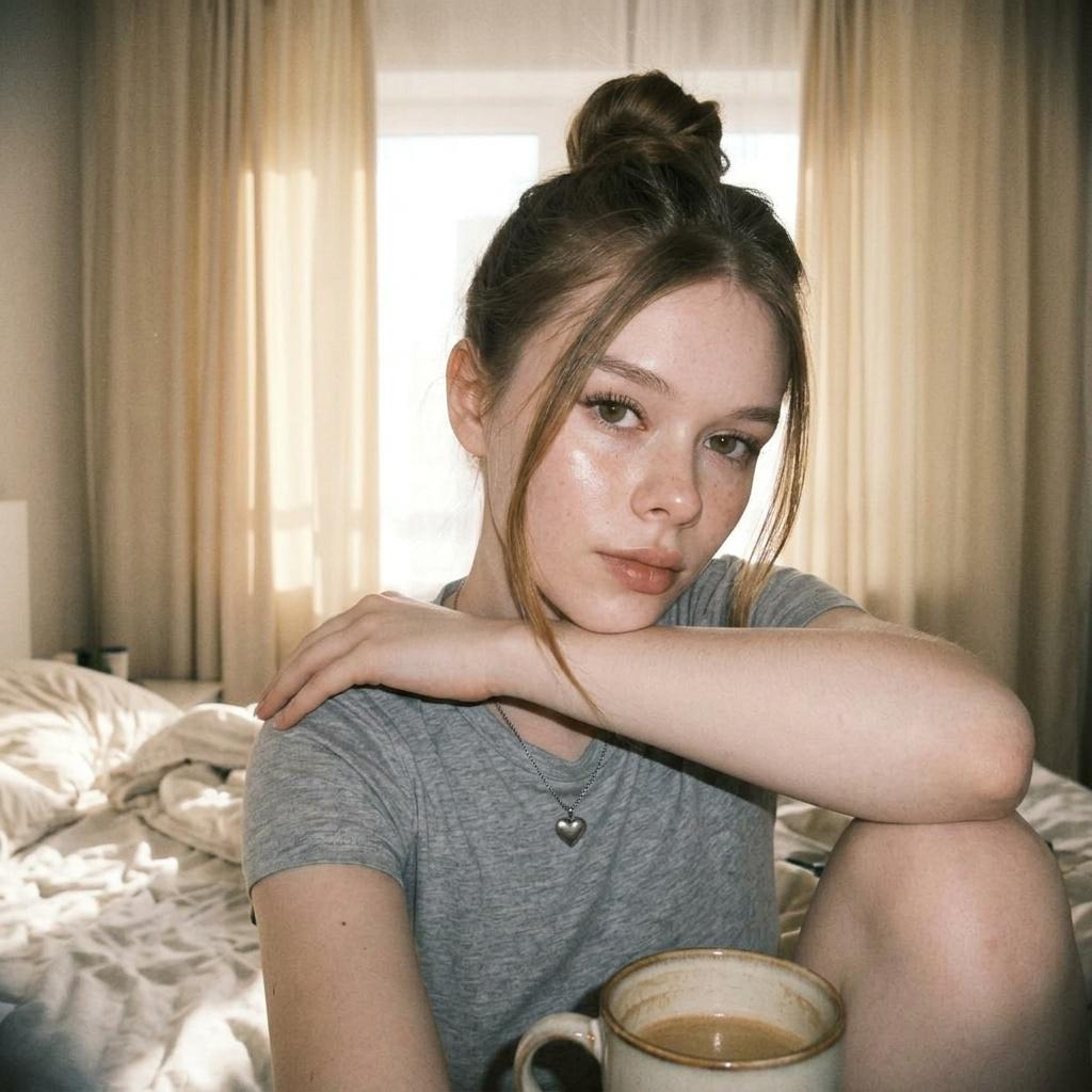 Sitting On Bed Leaning Head On Crossed Arms They Wear reference photo