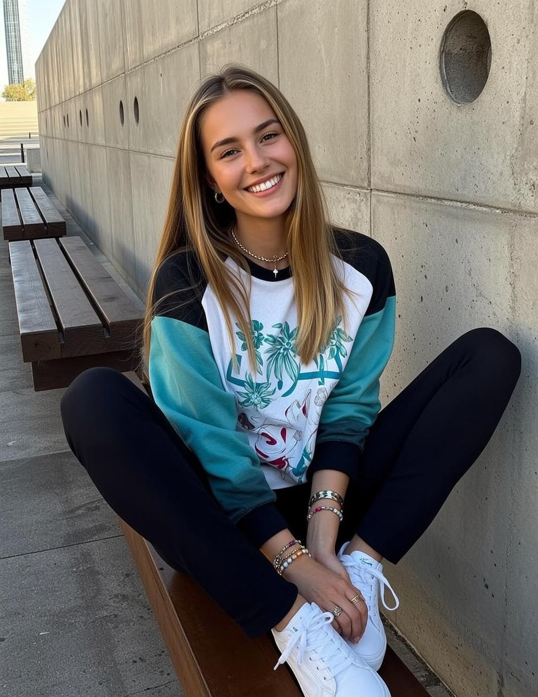 Floral Sweatshirt Bench Portrait reference photo