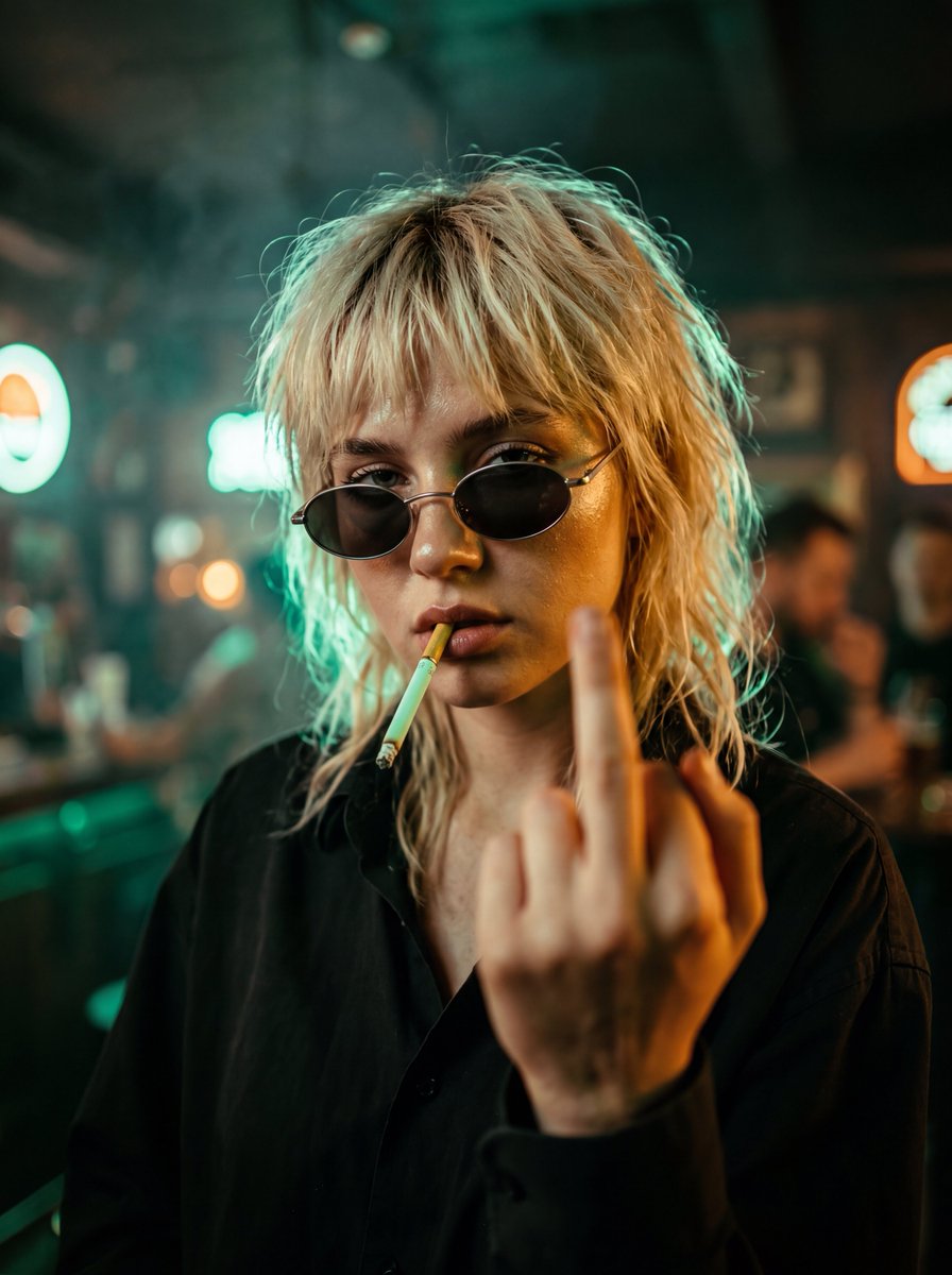 Defiant Woman Rock Style Cigarette Middle Finger