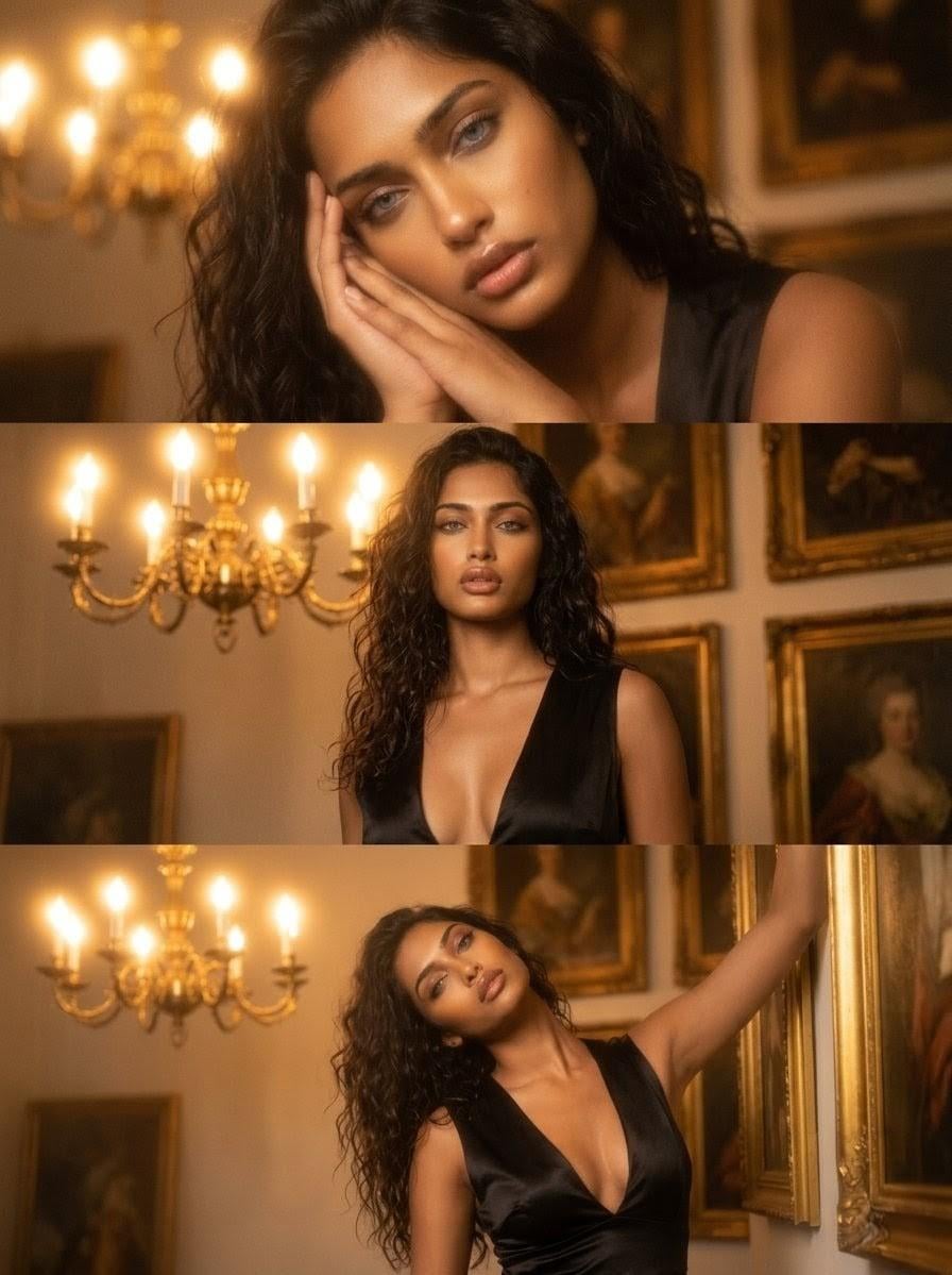 A woman in a black satin dress poses with an ornate chandelier and gold-framed paintings, exuding elegance and warmth.