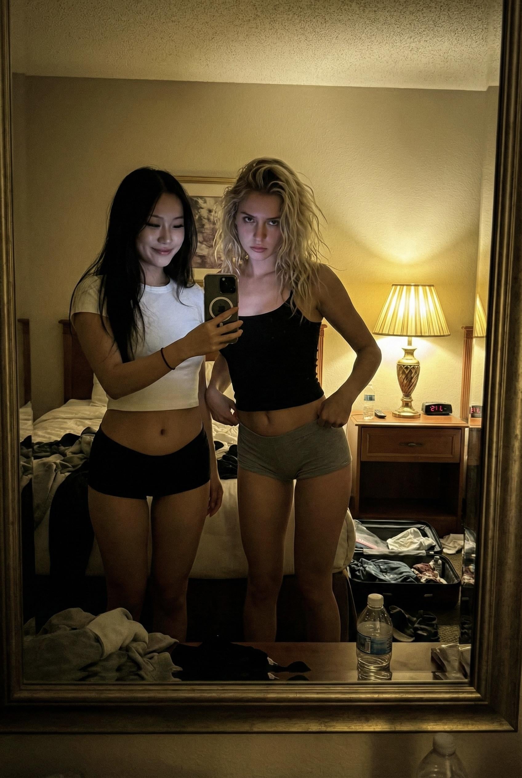 A woman takes a full-body mirror selfie in a hotel room, showcasing rumpled sheets and an open suitcase.