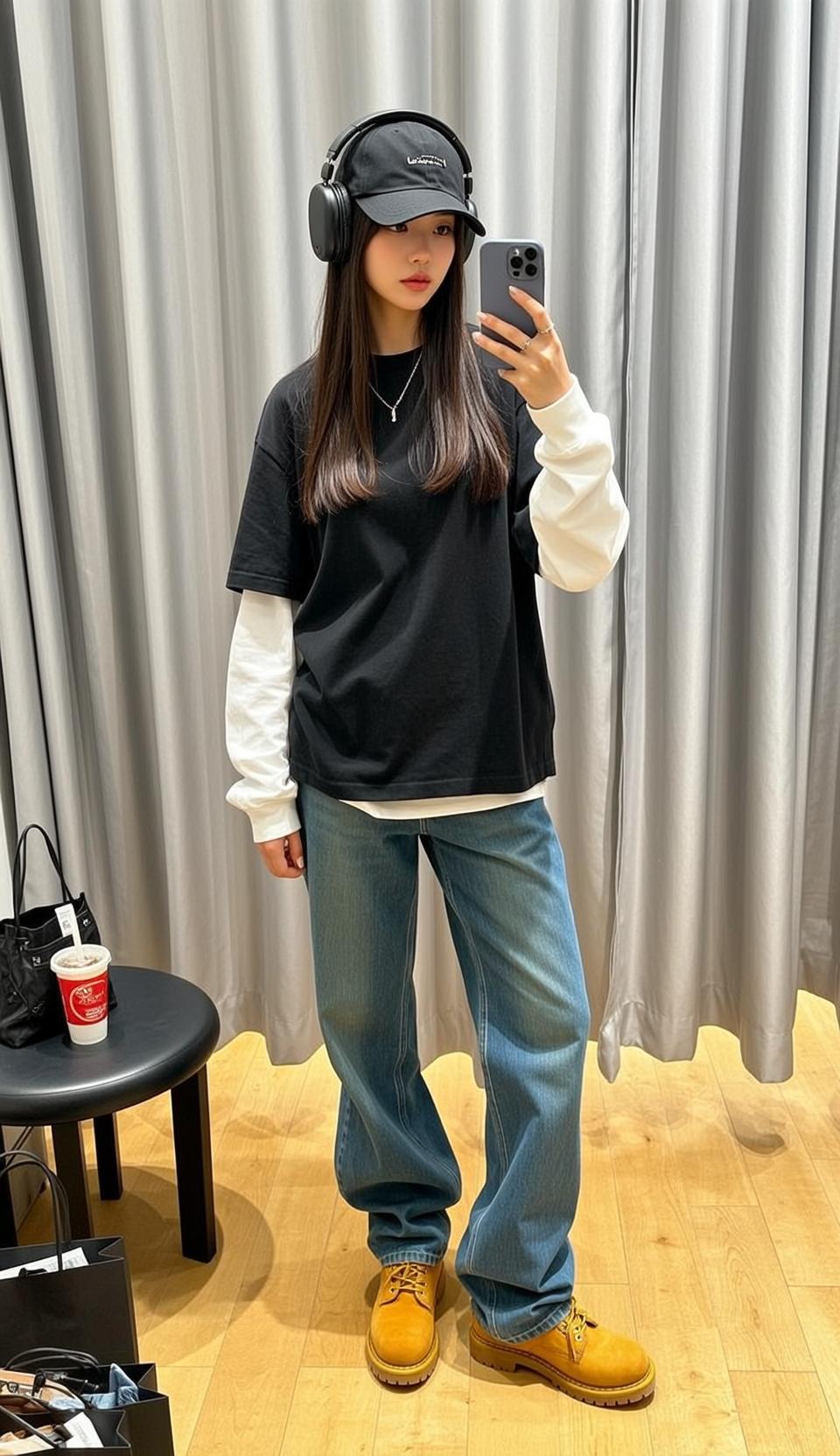 Fitting Room Selfie Black T Shirt Baggy Jeans reference photo