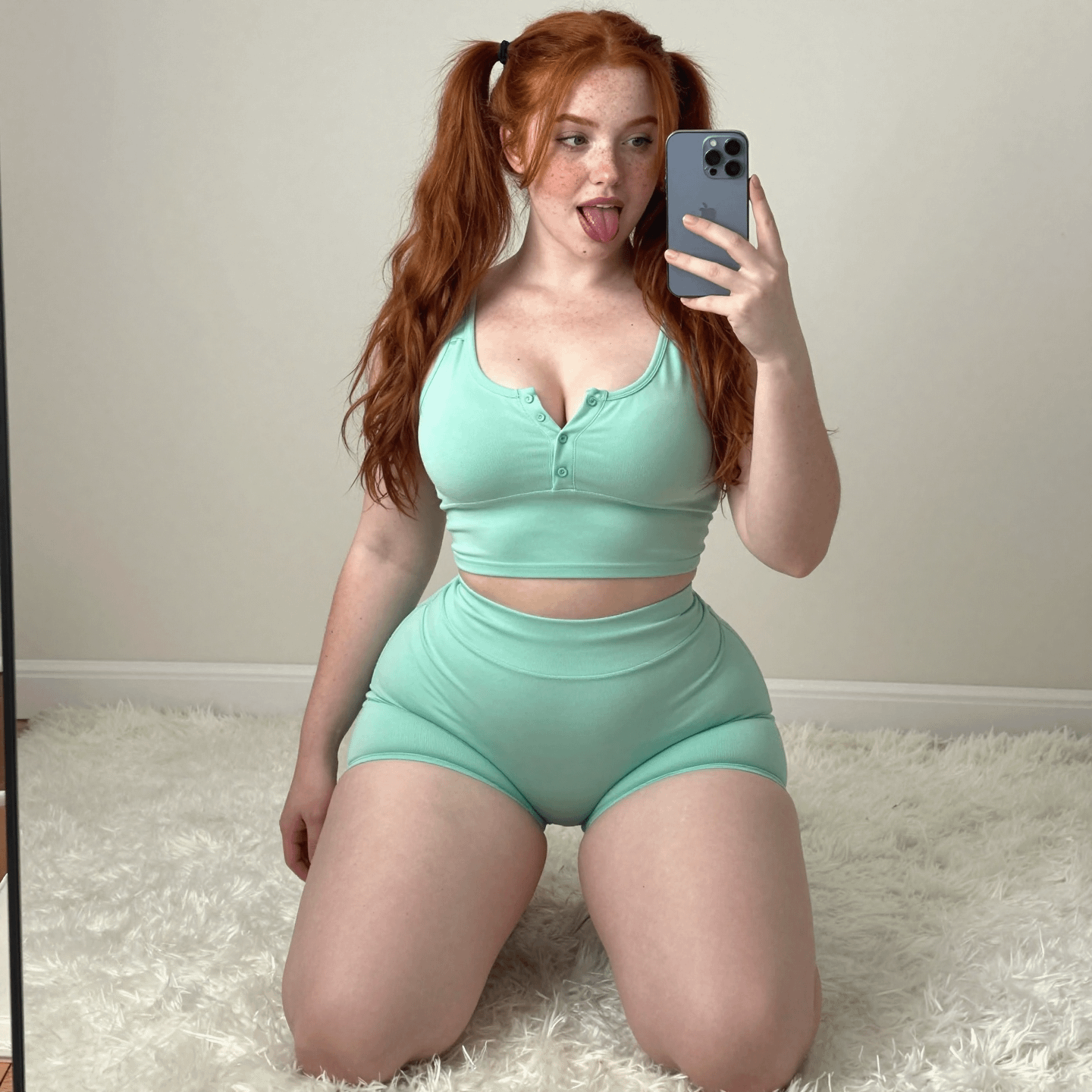 Red Hair Pigtails Kneeling On Shag Carpet Holding Iphone