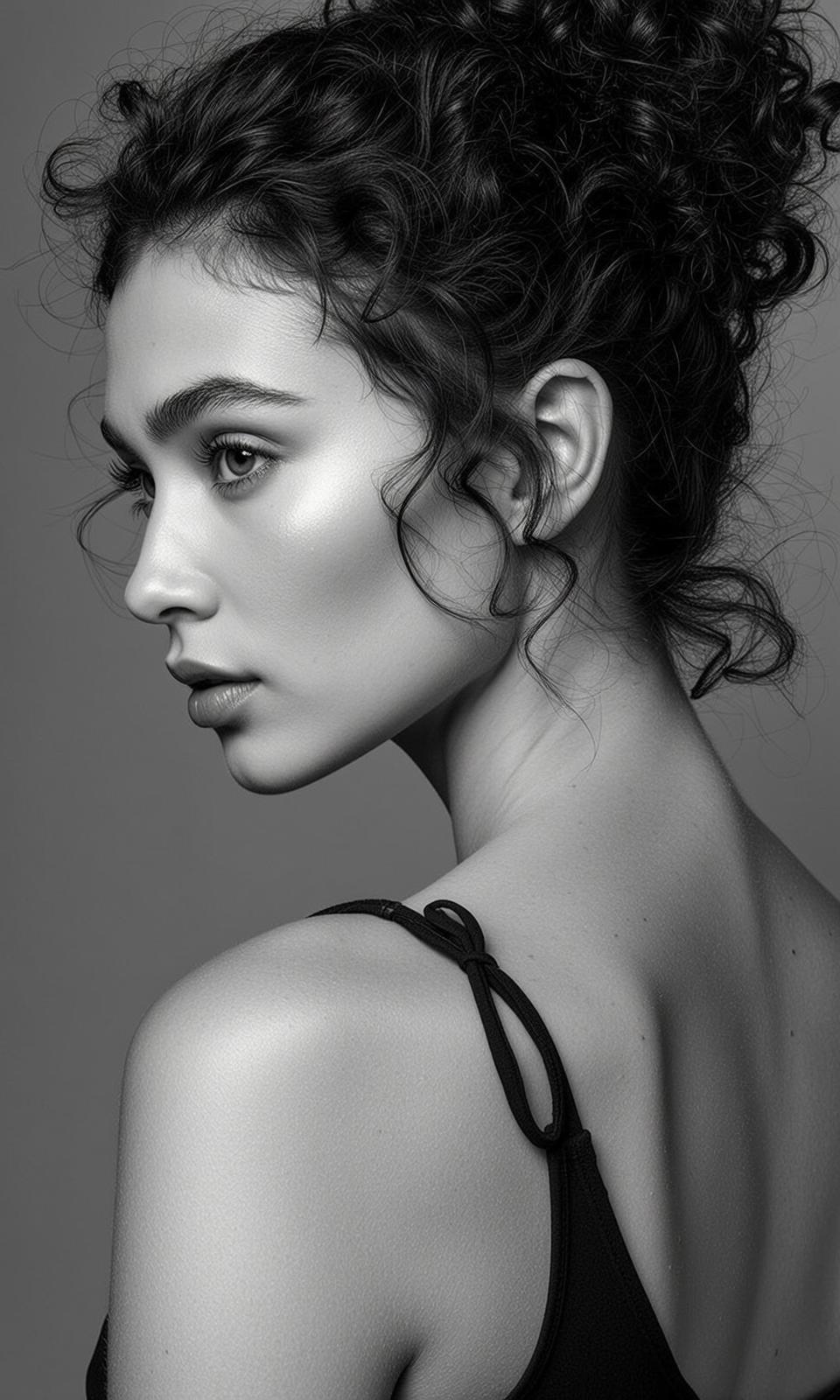 Photorealistic Black And White Portrait Young Woman Captured Medium Shot reference photo