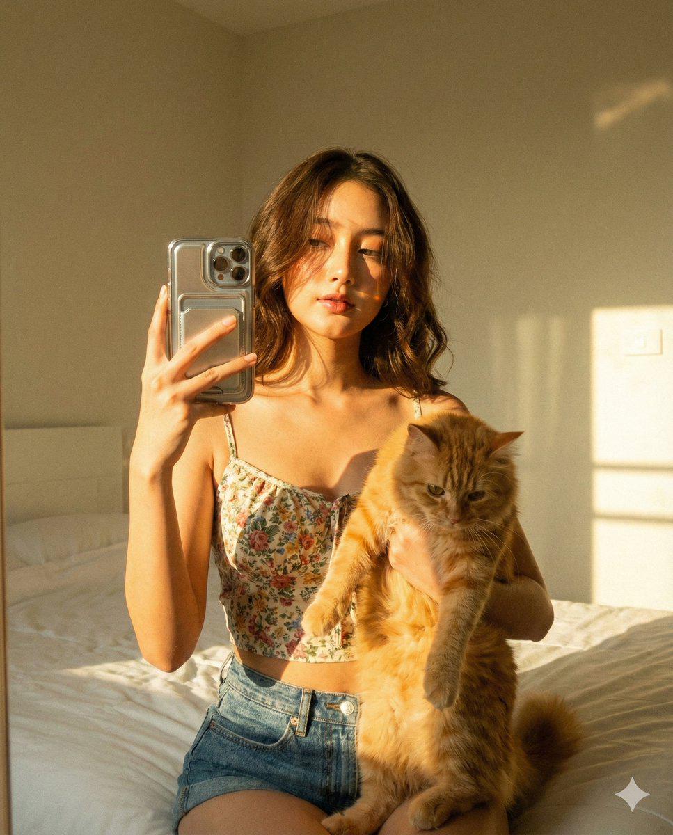 Hyper-realistic vintage-style photograph of a woman taking a mirror selfie in her bedroom with a fluffy orange tabby cat.