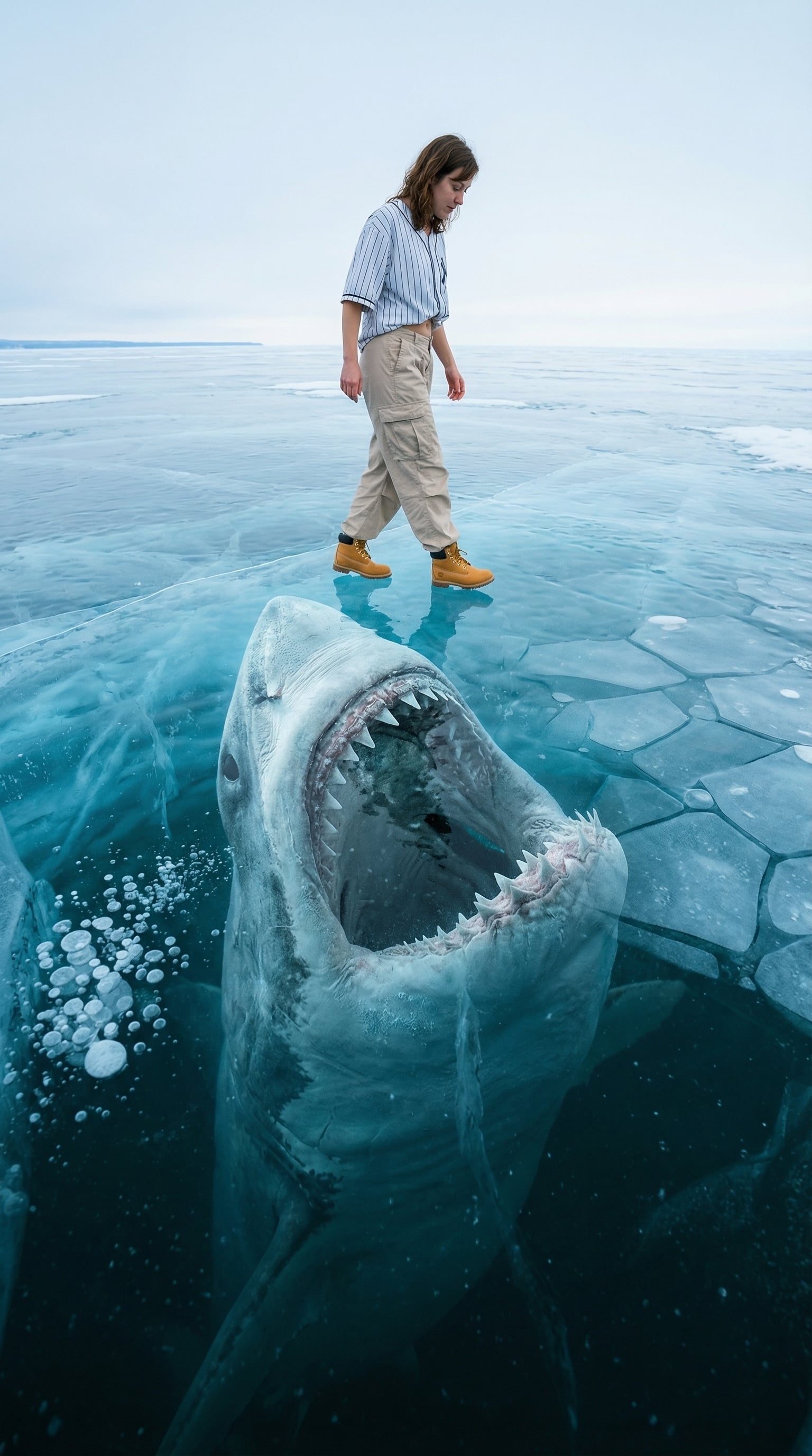 Frozen Lake With Giant Shark Below