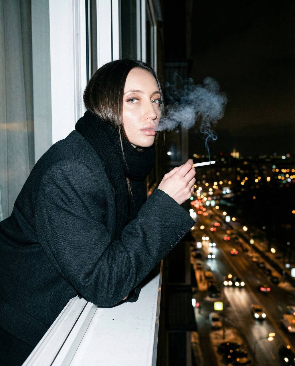 Woman Blazer Smoking Night City Lights
