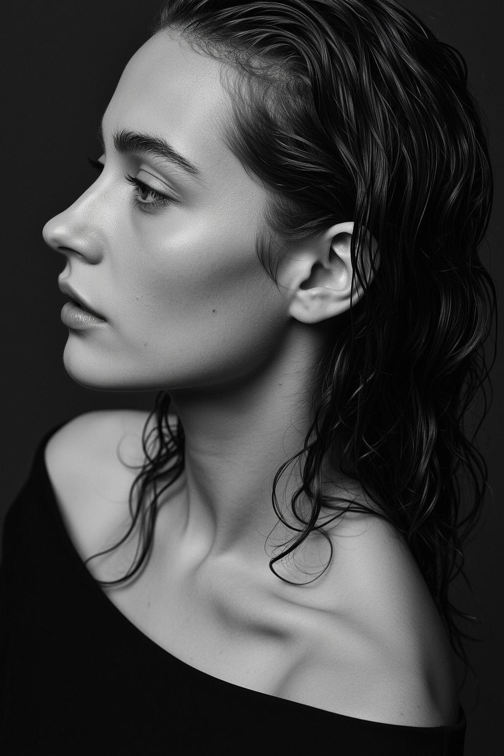 Photorealistic Black And White Medium Shot Portrait Young Woman Profile reference photo