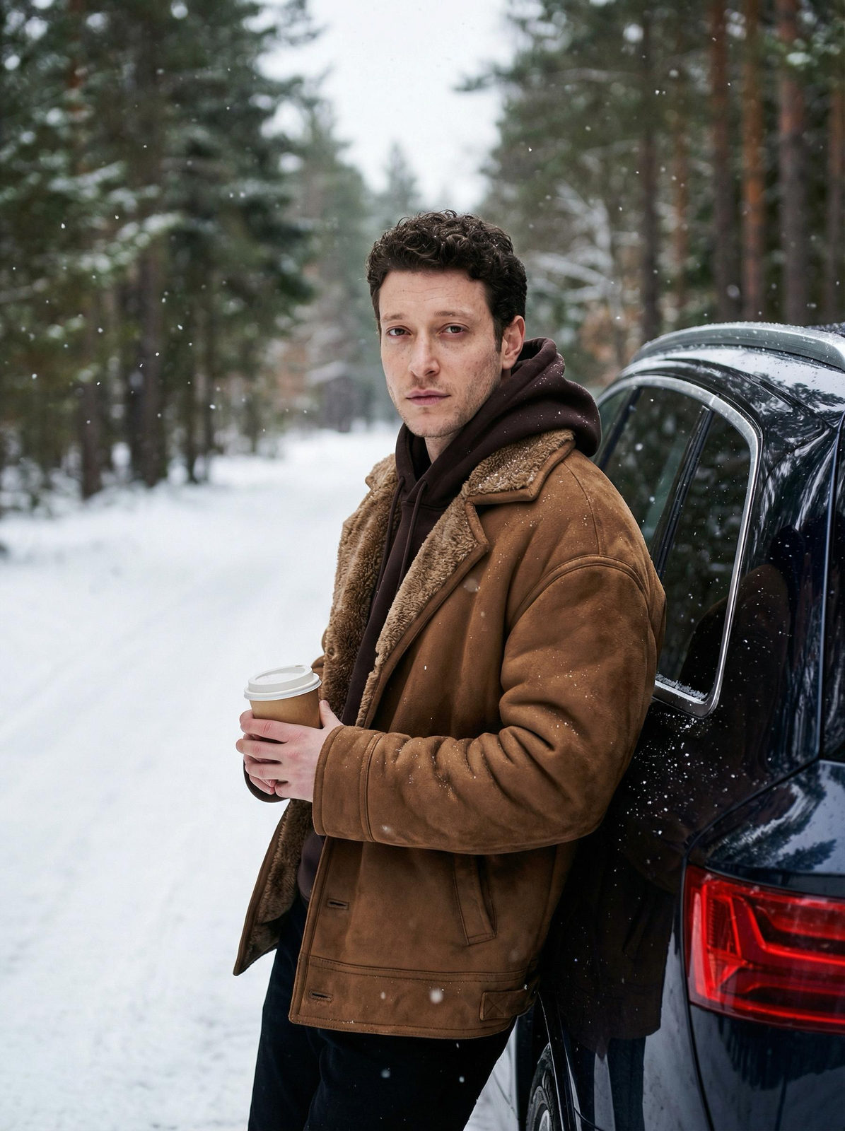 Realistic Man Snowy Forest Road Suv