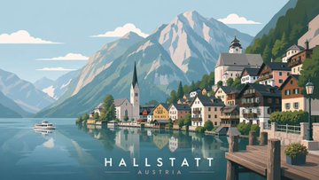 A picturesque view of Hallstatt, Austria with a calm lake, wooden pier, and traditional houses set against jagged mountains.