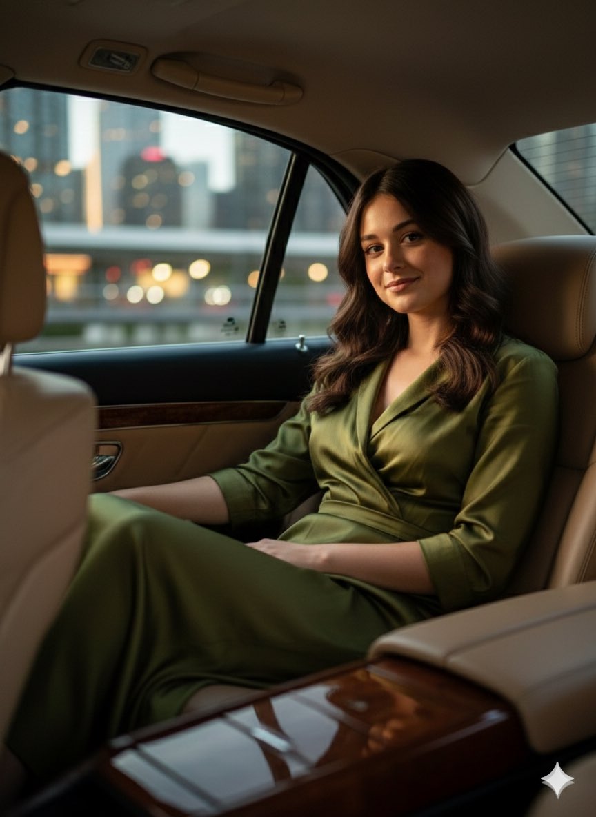 Deep Olive Silk Gown Luxury Car Window Light