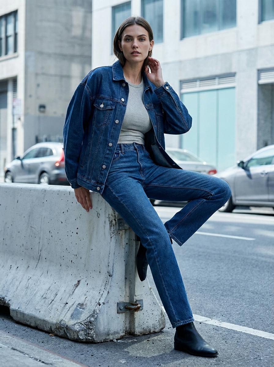 A woman in dark wash denim jacket and grey t-shirt sits on a weathered concrete barrier, angled towards the camera with a city backdrop.
