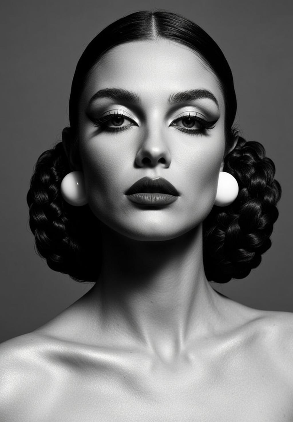 Headshot Woman With Dark Hair Styled Two Intricate Braided Buns reference photo
