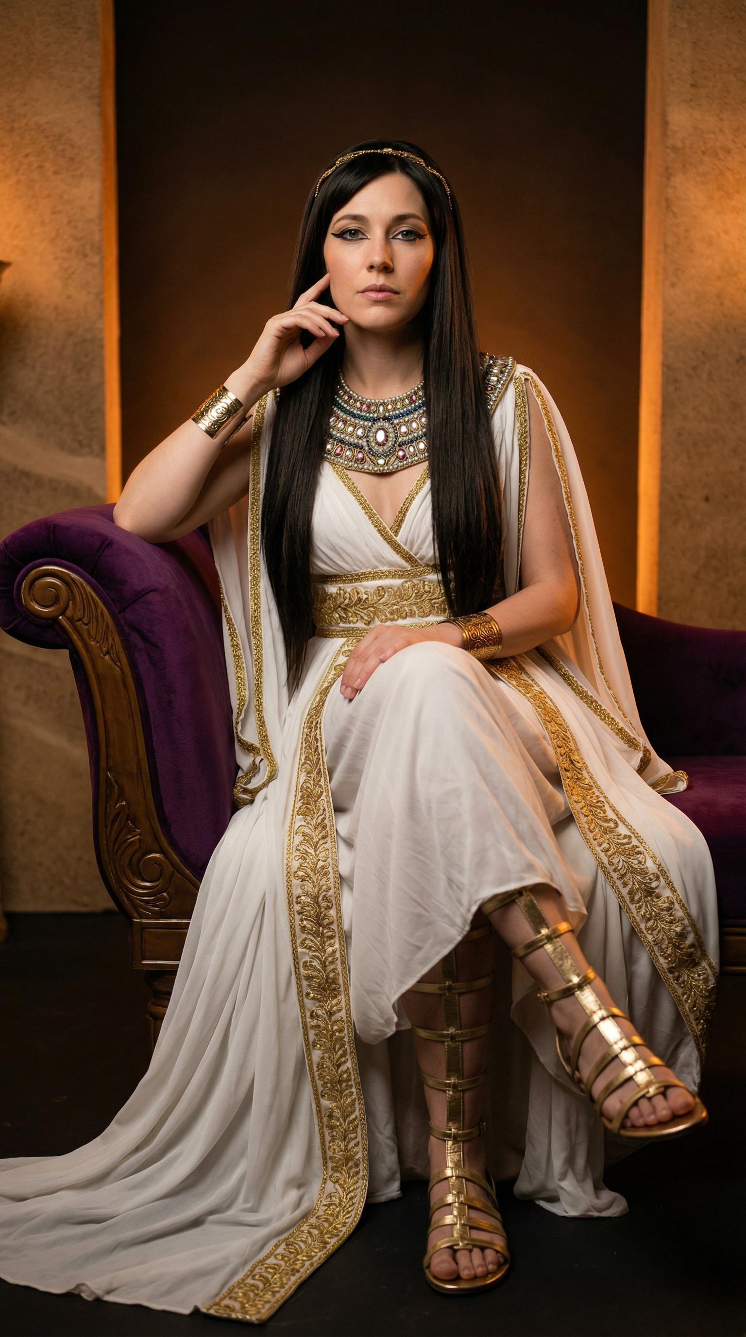 Cleopatra Bed White Gown Gold Trim Seated Pose