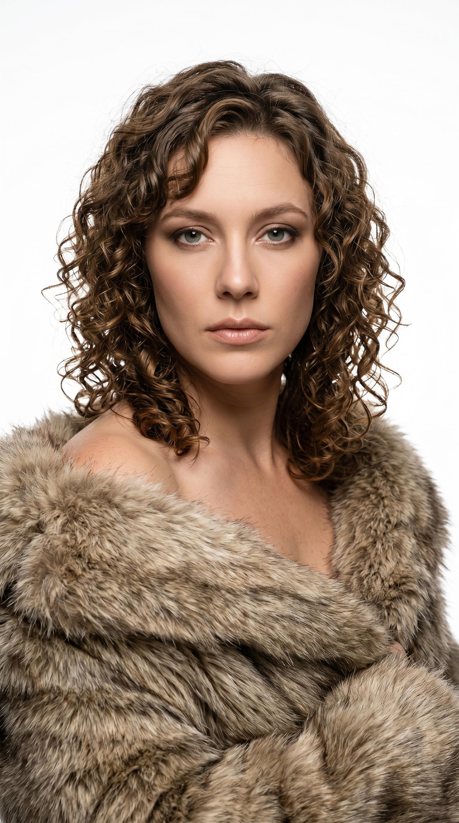 A confident woman in a voluminous fur coat showcasing glossy ringlets and soft smoky eyes against a clean white background.
