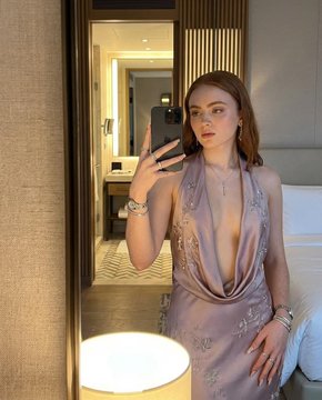Mauve Silk Dress Mirror Selfie Upscale Bedroom