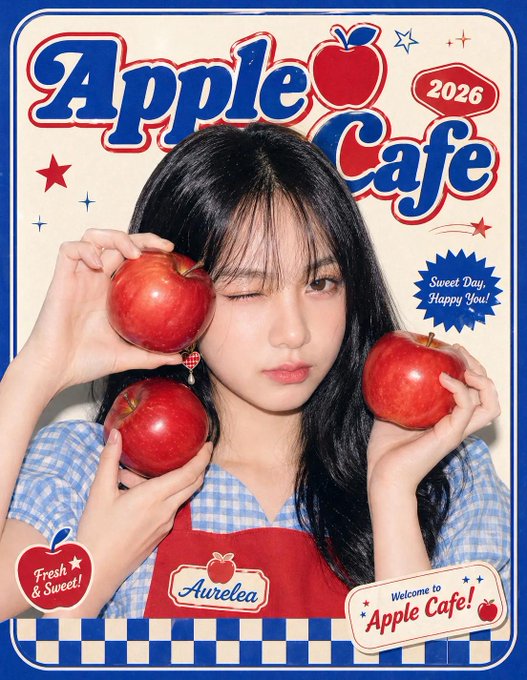 A woman winking with three shiny red apples in a retro graphic design, wearing a blue and white gingham top and red apron.