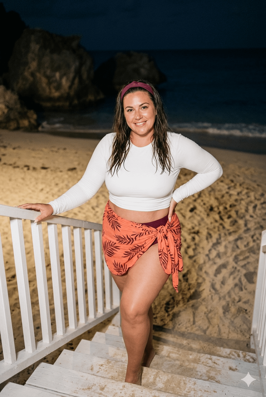 Beautiful woman on sandy beach staircase at night wearing a fitted white crop top and coral orange sarong, smiling warmly towards the camera.