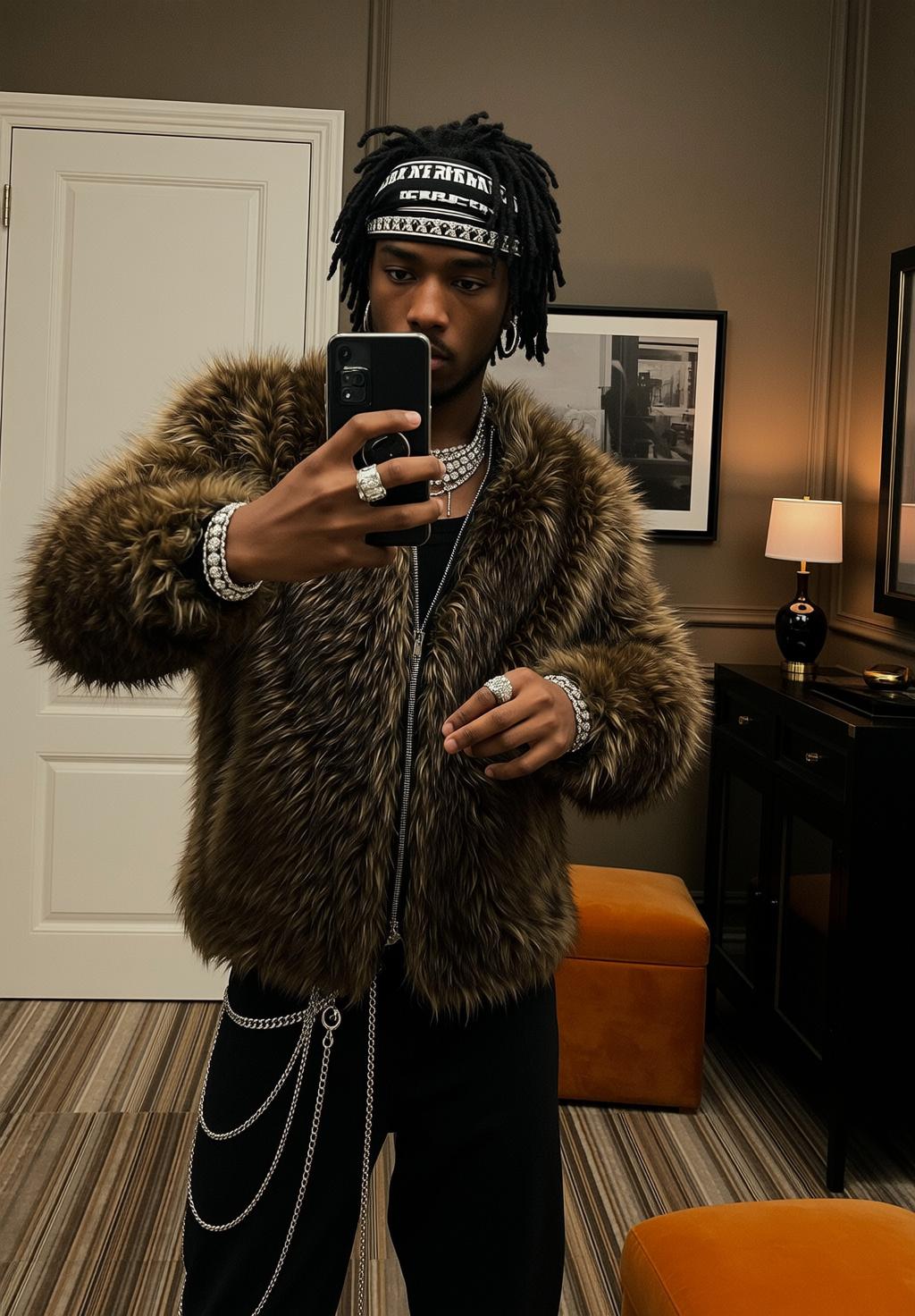 Brown Fur Jacket Selfie reference photo